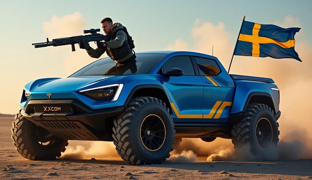 A highly trained Swedish special forces soldier, driving a futuristic blue Tesla Cybertruck with yellow stripes, performing adrenaline-fueled wheelies around a massive X.com logo sign, wielding an imposing heavy machine gun, a swedish flag on the back of the truck, cinematic, dramatic lighting, hyper-realistic, 8K, 3D render, photorealistic, chiaroscuro, moody, gritty, military, tactical, advanced technology, dynamic pose, muscular physique, tactical gear, serious expression, rugged environment, stunning visuals, powerful, intense