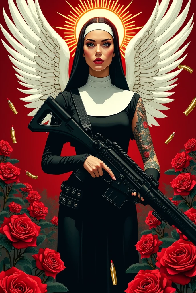 A striking dark fantasy illustration captures the essence of a stylishly tattooed nun, standing proudly amidst a sea of vibrant red roses. Her confident and fierce stance is accentuated by her large gun, while a halo of radiant white wings frames her figure. Golden bullets encircle her, symbolizing her power and precision. The bottom of the image reveals the text 'MENTAL ARMOR' and 'FREE SPIRIT STREETWEAR COMPANY', hinting at a bold and edgy fashion brand. The cinematic atmosphere evokes a powerful, independent woman in a gritty urban landscape, perfectly capturing the essence of rebellion and strength.
