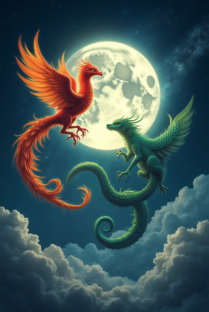Realistic Phoenix and Dragon circulating the moon. separate them.