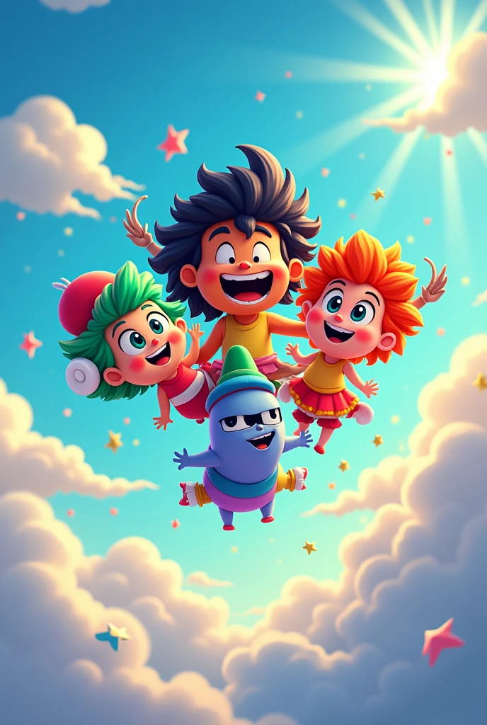 The figures of Caculhá Huracán, Chipi-Caculhá and Raxa-Caculhá are formed in the sky in a cartoon style