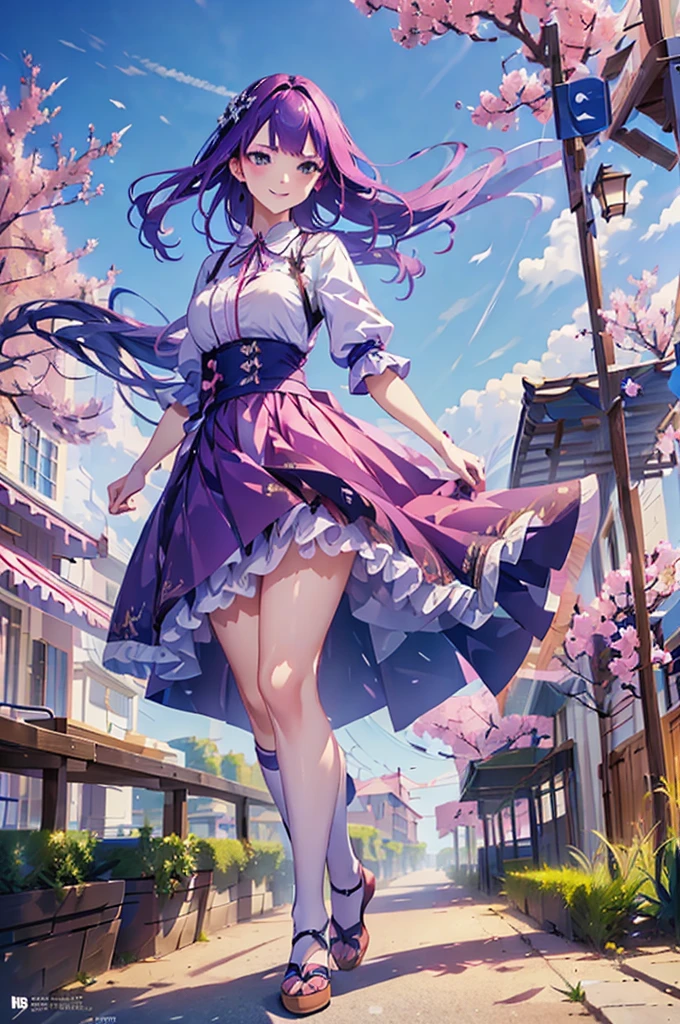 low-angle shot, smile, look at viewer, long skirt, holding down her skirt as it is being blown by a strong wind, high quality, masterpiece, ultra-fine illustrations, detailed background, realistic lighting, dynamic pose