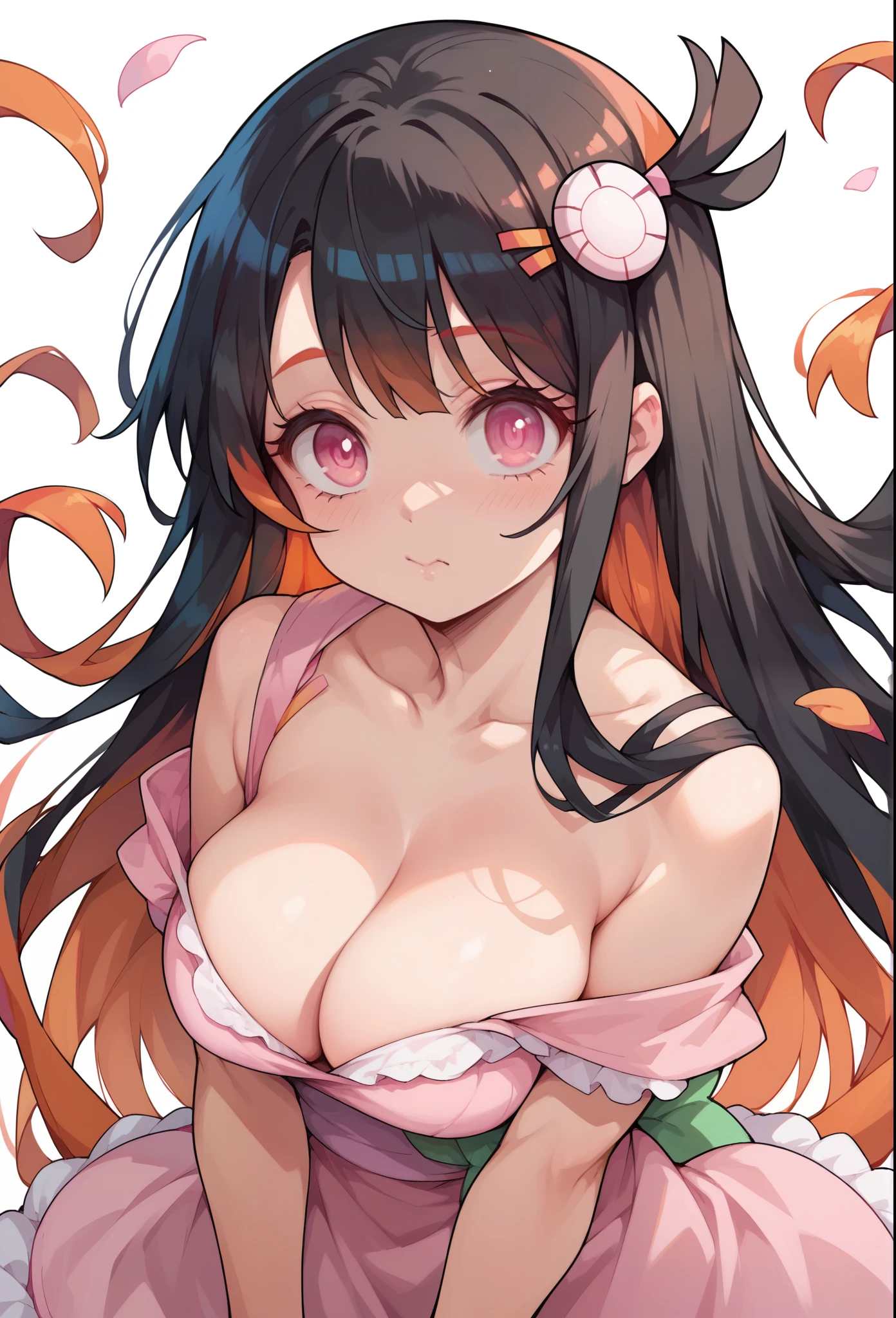 cute, black hair, ((pink eyes)), big pretty realistic eyes, ((Nezuko Komado)), (big breasts), (cleavage), sexy, submissive, highly detailed,