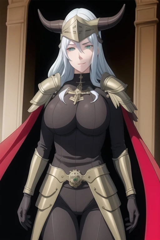 (high quality:1.2), intricate detailed, colorful,
VanessaCromwell, 1girl, mature female, solo, cowboy shot,
looking at viewer, determined,
white hair, long hair, green eyes, smile 
armor, breastplate, shoulder armor, sexy pose, bodysuit, horned helmet, gloves, cape, cloak, cape warped around, cape pose (arms under her cape 1.2)
large breasts, 
Room, laying down 
 