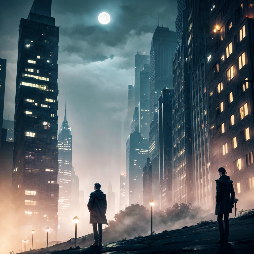 Dark city with fog and the moon above the city
