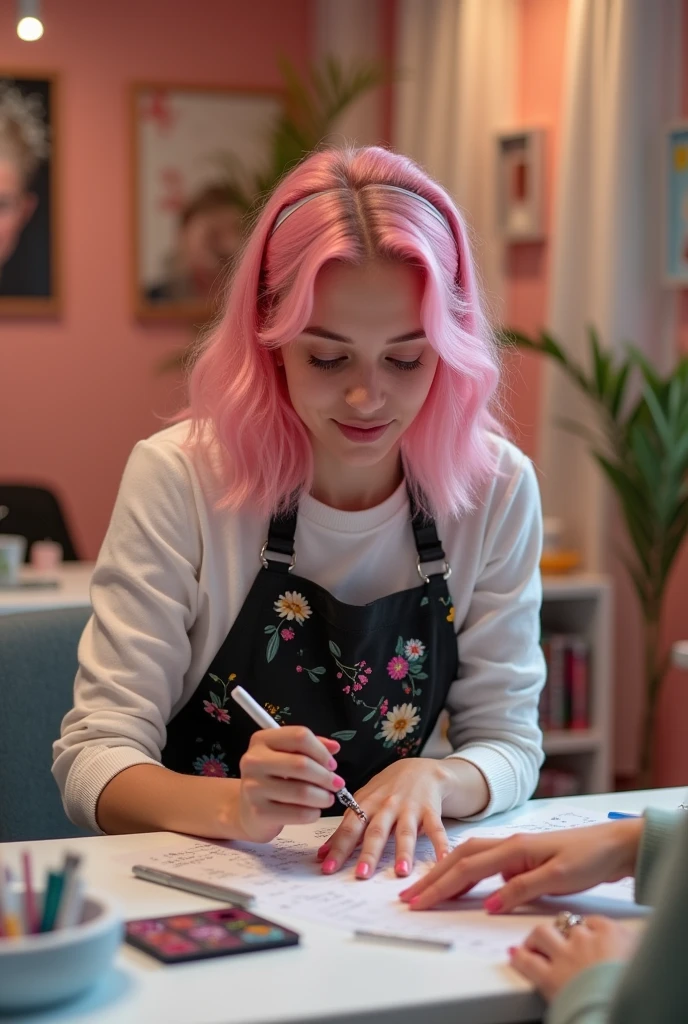 An 18-year-old girl is doing nails for a customer.