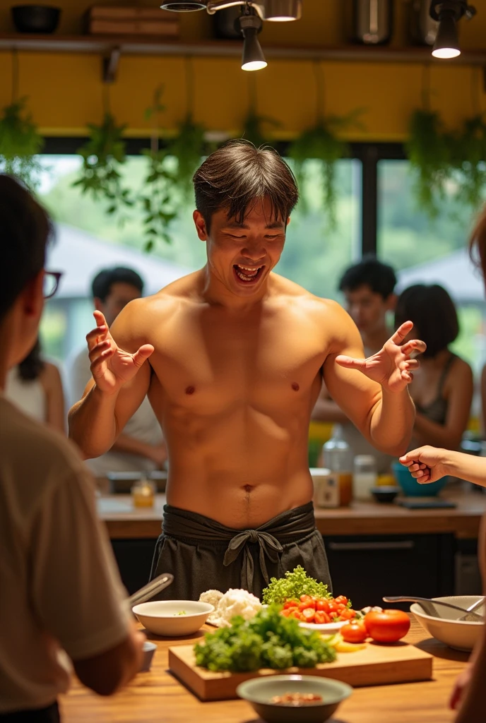 A completely naked Japanese man、Erect genitals、teaching cooking in a cooking class