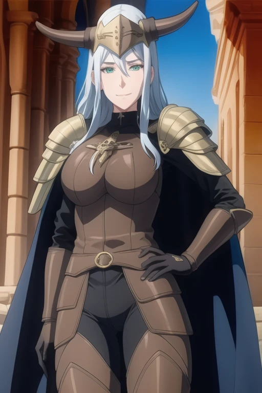 (high quality:1.2), intricate detailed, colorful,
VanessaCromwell, 1girl, mature female, solo, cowboy shot,
looking at viewer, determined,
white hair, long hair, green eyes, smile 
armor, breastplate, shoulder armor, sexy pose, bodysuit, horned helmet, gloves, cape, cloak, cape warped around, cape pose (arms under her cape 1.2)
large breasts, 
Room, laying down 
 