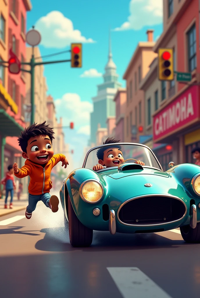 In cartoons a child Mateo with black skin.A car running at full speed without respecting traffic lights or signs. 