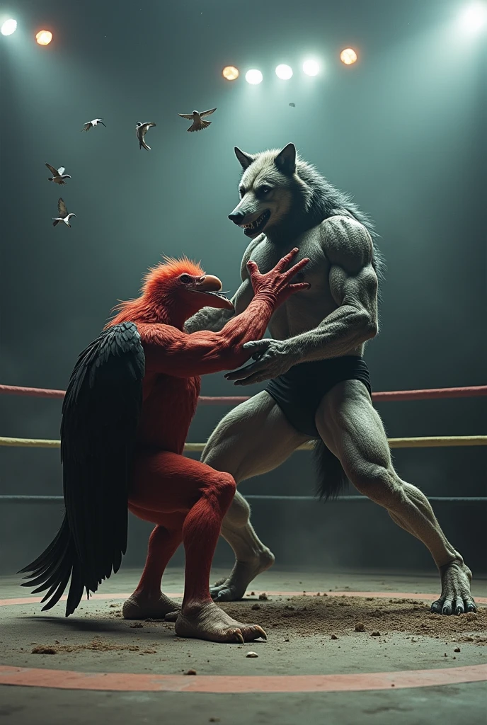 A red and black vulture with a muscular human body, fighting a black and white werewolf with a muscular human body, A wrestling ring. The wolf beats the vulture, leaving on the ground seeing 4 little birds flying over the head of the vulture fallen on the ground