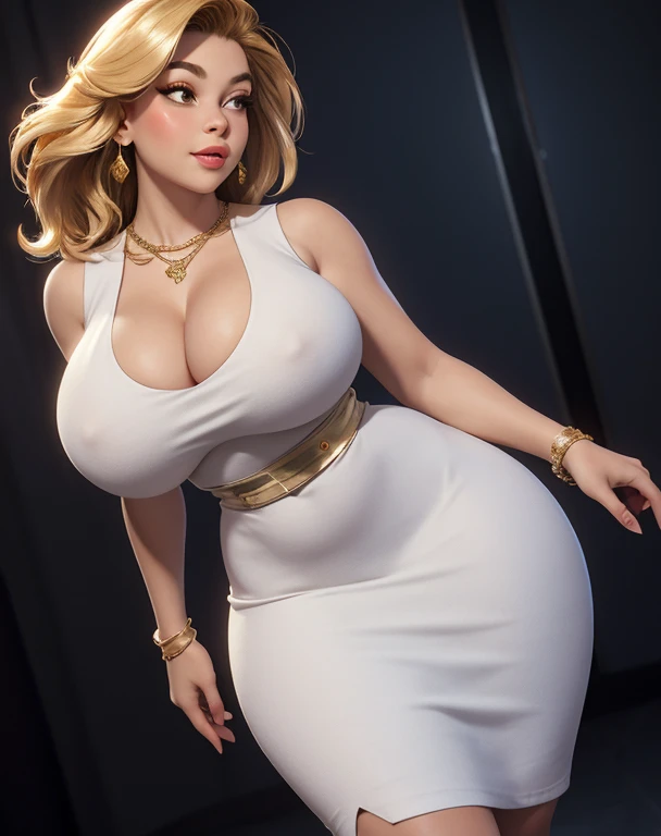 (best quality), (masterpiece), 1 girl, early 20's, huge heavy breasts, busty, perky breasts, thick, thick lips, wide hips, thin waist, white dress, mid thigh skirt, gold high heels, sleeveless dress, wearing jewelry, 3DMM