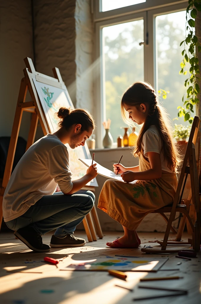 A girl doing pencil drawings with a photographer
