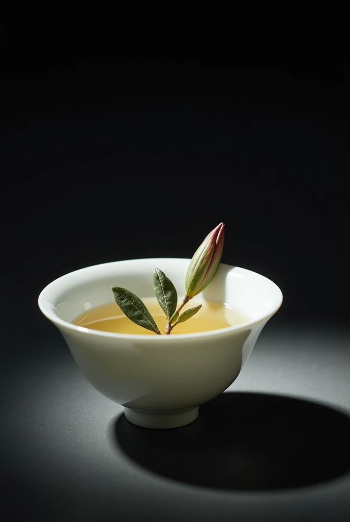 A single finger-sized white porcelain teacup holds a single bud and two leaves of dried Gaoshan tea.,simple,Movie Lighting,专业photography,Studio Lighting,Black desktop background,photography,Intricate details,Ultra Detail,Hyper-photorealism,8K Ultra HD top view,Top view, bird's eye view