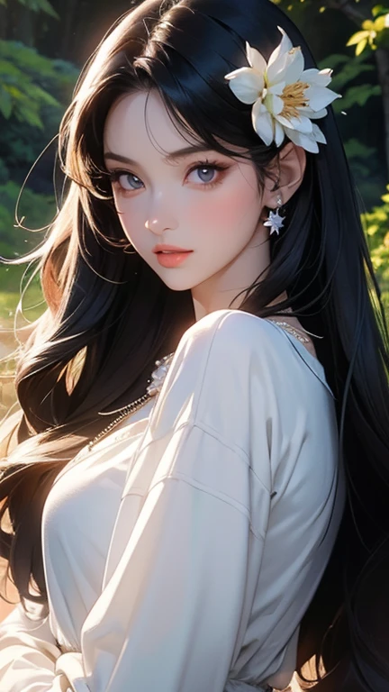 (masterpiece,Highest quality,,8k,High resolution),One female,,Beautiful Face,Beautiful Face,Beautiful eyes,Beautiful lips,,Black Hair,look back,,flower,Sandy beach with a view of the forest,A bright night with stars visible,jewelry,Holding,Long sleeve,necklace,Long Hair,dress,(whole body),Highly detailed anime art,