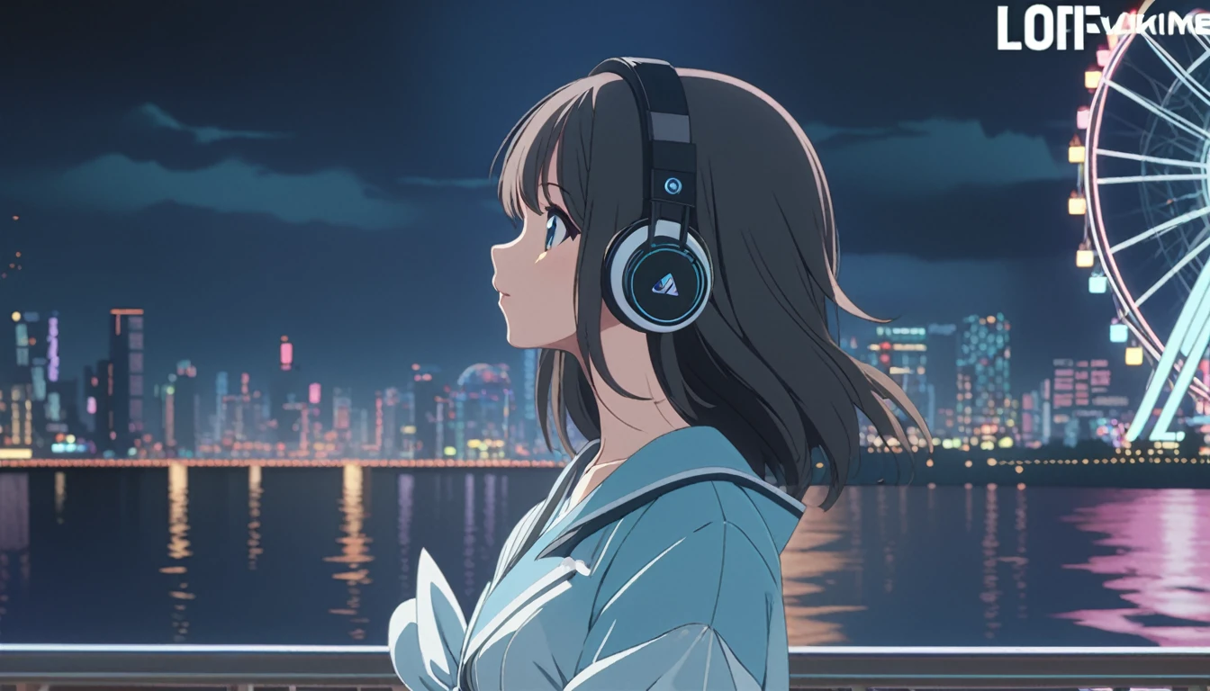 A woman standing in front of a Ferris wheel with headphones on., Nightcore, LOFI Girl, Anime Style 4k, Anime atmosphere, Lo-fi art style, anime wallpaper 4k, anime wallpaper 4k, Cute anime visuals, 4k anime wallpaper, Anime Background, Anime Aesthetics, Makoto Shinkai style, anime art wallpaper 4k