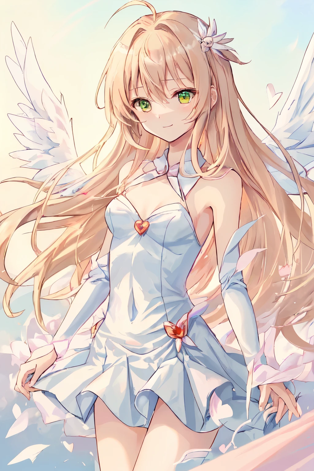 1_girl, (anime, kawai:1.6), (masterpeice, best_quality, clean:1.8), (sky_background:1.2), (cute, wholesome, young:1.8), (delicate, extremely_delicate, beautiful, thin:1.8), (girlfriend, angel:1.5), (green_eyes:1.8) (long_hair, blond_hair:1.6), (combat:1.2), (wearing_big_pink_dress, pink_angel_wings:1.4), (tease:1.2), (combat:1.6), extremely_delicate, (love_magic:1.4), (age_size_fits_body), (small_thighs:1.3), (breasts), (eye_level:1.3), (heart_magic, love:1.5), (warm:1.5), (folded_legs:1.5), (cheerful:2)