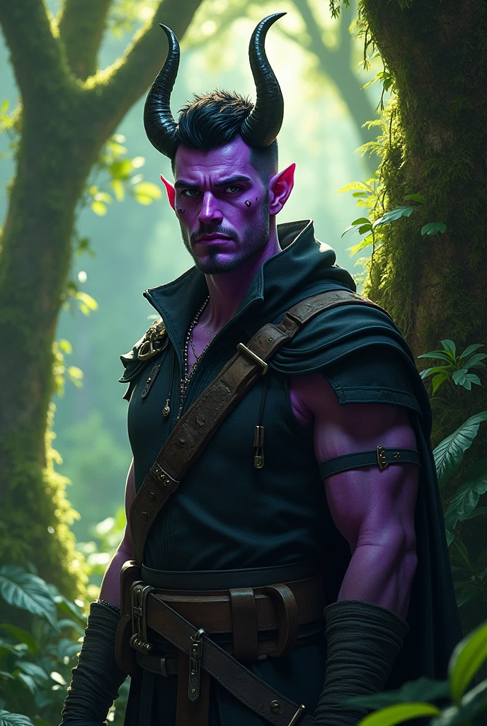 Tiefling, ranger, dnd, vertical lip scar, violet skin color, 10000 thousand yard stare,
fade cut, close head bent left horn, close head bent right crooked horn, sharp chin, black hair