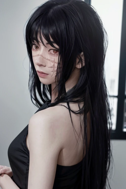yoru woman with long hair and a black shirt, full scene shot,, close-up of the film scene, inspired by shiori tsukada, hyperrealistic filmStill, still video, Photorealistic film still, 8k sensual lighting, stoya expressive oil painting, sensual digital painting