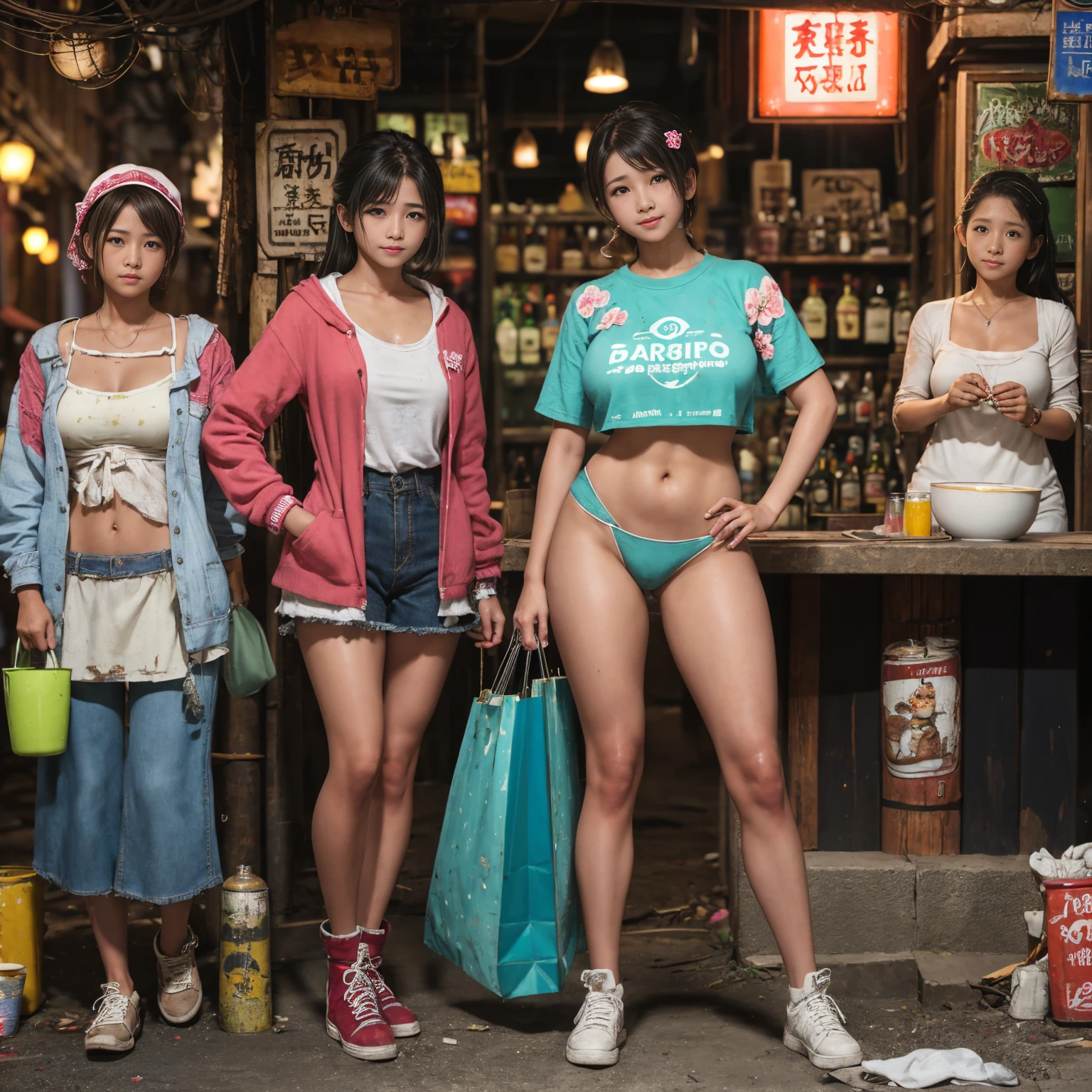 ((masterpiece、Highest quality))、Beautiful girls gather.、Three girls in summer clothes、(Detailed and cute face:1.3)、(Poor conditions、Dim and unsanitary、Standing Bar、みんなで楽しくdiet、Crumbling underground shopping mall、Showa Retro)、(tits:0.6、Pussy:0.6)、屋台のdiet店、stage、sewage、Dirty shop、street vendors、Unsanitary and abandoned city、smile、diet、Poor person々