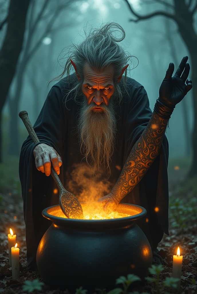 old witch stirring the cauldron, In the cauldron, place a black arm showing the middle finger of the hand. 