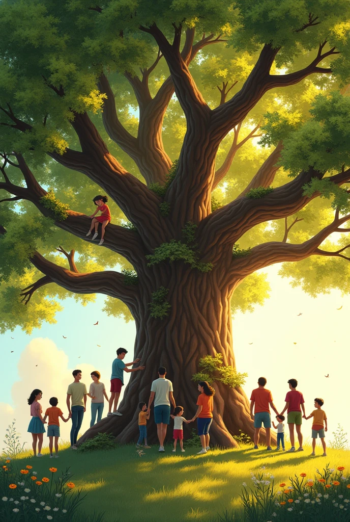 An image of a tree surrounded by people of different ages that help each other