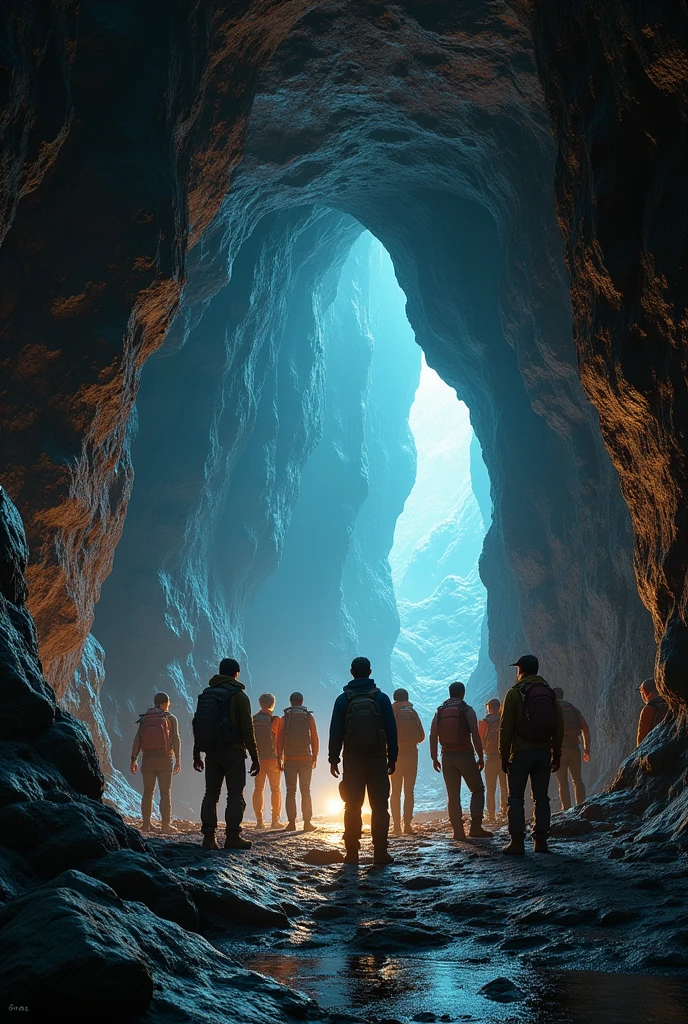Large underground cave with people at the entrance