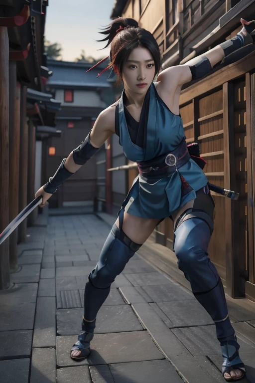 Highest quality,Ultra HD,Best AI Images, Full body photo,(beautiful face like a Japanese actress), Very detailed vfx portrait of, Female Ninja, Japanese kunoichi, cgsociety and Zhong Feng Hua, Covert behavior, Female Ninja, ((sword fighting scene)),sword fighting scene1.3,Portrait of a Japan woman, , Trending on deviantart, ((blue short ninja costume 1.5))，((sexy kunoichi,Big Breasts)), Japanese spy, 3D Rendering, (Beautiful Face 1.5), Key Visual, Vibrant, (((background 1 of a night mansion in the Sengoku period.5))), Very detailed, growing up,