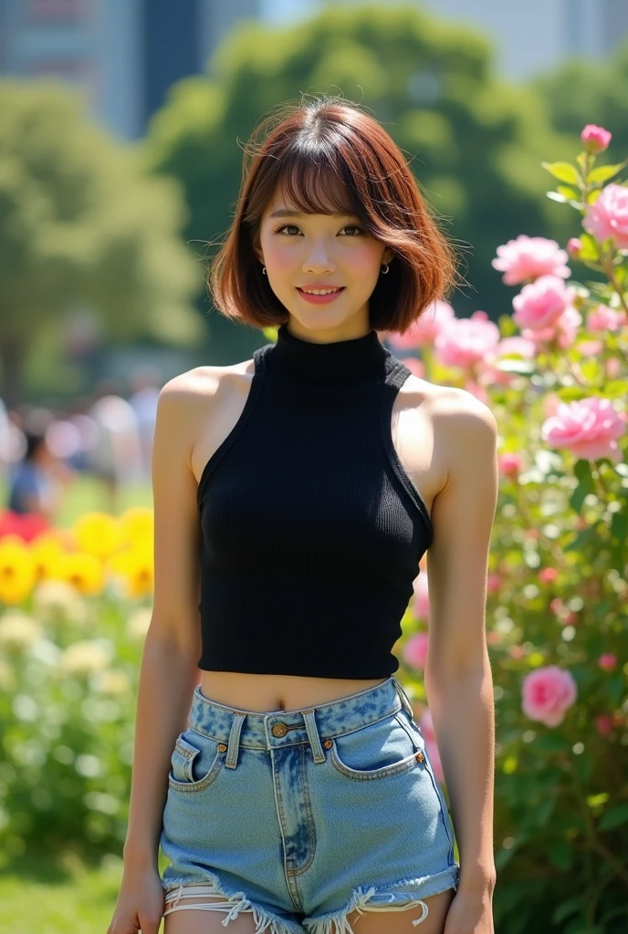 Tabletop、highest quality、figure、 Super detailedな、High resolution、8k wallpaper、Perfect dynamic composition,、Beautiful fine details、Medium Hair、(Beautiful big breasts:1.3)、Natural color lip、Bold sexy pose、smile、Harajuku、20-year-old girl、cute、sexy shot looking at camera、(highest quality: 1.3), (masterpiece: 1.3), (Super detailed: 1.3), (wallpaper, One Girl: 1.1)、(Detailed hands and fingers:1.2)、(Ultra-oily, lustrous skin with attention to detail:1.1)、Oily shiny knee socks、(Perfect beautiful black sleeveless high neck knit top:1.4)、Denim shorts、Brown Hair、short hair、Swinging Hair、Beautiful sister、(garden:1.2)、(Beautiful big breasts:1.2) 、((Sleep on your back)),Raise your arms