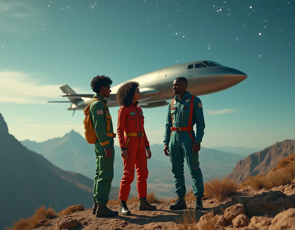science fiction setting, 2 women (a 20 years old nigerian with short afro hairs and a 40 years old colombian with shoulder long wavy hairs) in green-black and yellow-red spacetravelling overalls are greeting a man in a red-blue spacetravelling overall, NO emblems, NO flags, hip to top angle, medium shot, bokeh, on a level mountain spot, in the background is a spaceship for 5 persons, 8k resolution, masterpiece, high details, 