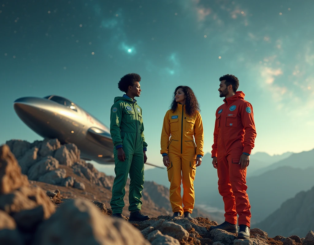 science fiction setting, 2 women (a 20 years old nigerian with short afro hairs and a 40 years old colombian with shoulder long wavy hairs) in green-black and yellow-red spacetravelling overalls are greeting a man in a red-blue spacetravelling overall, NO emblems, NO flags, hip to top angle, medium shot, bokeh, on a level mountain spot, in the background is a spaceship for 5 persons, 8k resolution, masterpiece, high details,