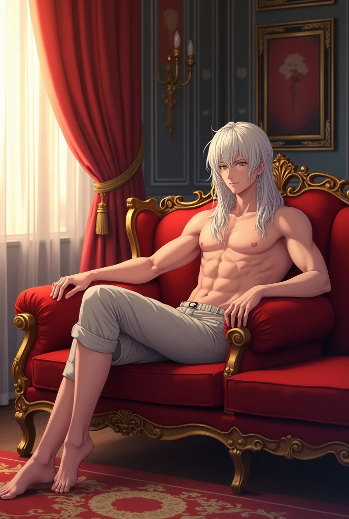 man,long straight white hair,semi muscular,shirtless,with short pants,without shoes,sitting on a huge red sofa in an elegant room(anime style)