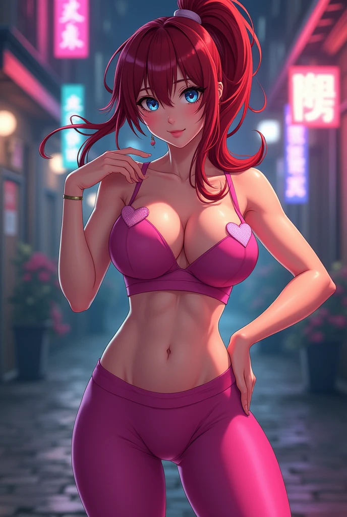 A beautiful anime girl with large breasts, dark red hair in a ponytail, dark blue eyes, wearing tight pink yoga pants and heart-shaped pasties covering her nipples, jojo posing, intricate details, hyper-realistic, 8k, high quality, vibrant colors, dramatic lighting, cinematic composition, masterpiece