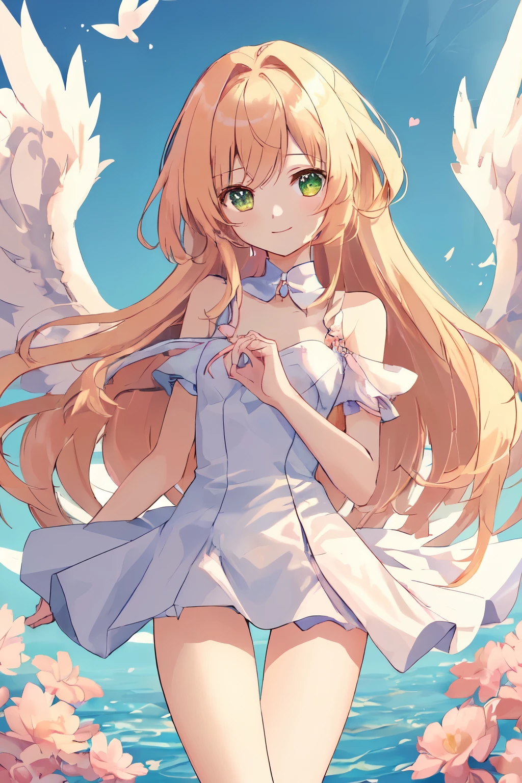 1_girl, (anime, kawai:1.6), (masterpeice, best_quality, clean:1.8), (sky_background:1.2), (cute, wholesome, young:1.8), (delicate, extremely_delicate, beautiful, thin:1.8), (girlfriend, angel:1.5), (green_eyes:1.8) (long_hair, blond_hair:1.6), (combat:1.2), (wearing_big_pink_dress, pink_angel_wings:1.4), (tease:1.2), (combat:1.6), extremely_delicate, (love_magic:1.4), (age_size_fits_body), (small_thighs:1.3), (breasts), (eye_level:1.3), (heart_magic, love:1.5), (warm:1.5), (folded_legs:1.5), (cheerful:2)