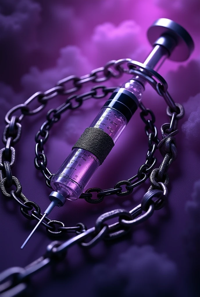 Create a 500x500 photo with a purple color and a syringe with iron chains more beautiful