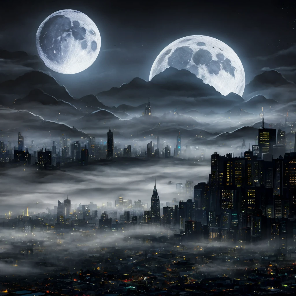 Dark city with fog and the moon above the city