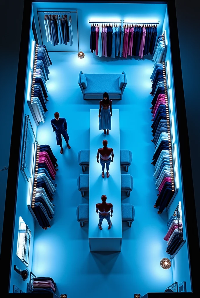 top view of a 3d floor plan of a clothing store, with blue lights