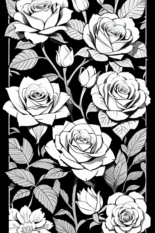 Coloring page for kids, cartoon style, low detail, no shadows, black and white image, plants, flowers, patterns, ornament. roses