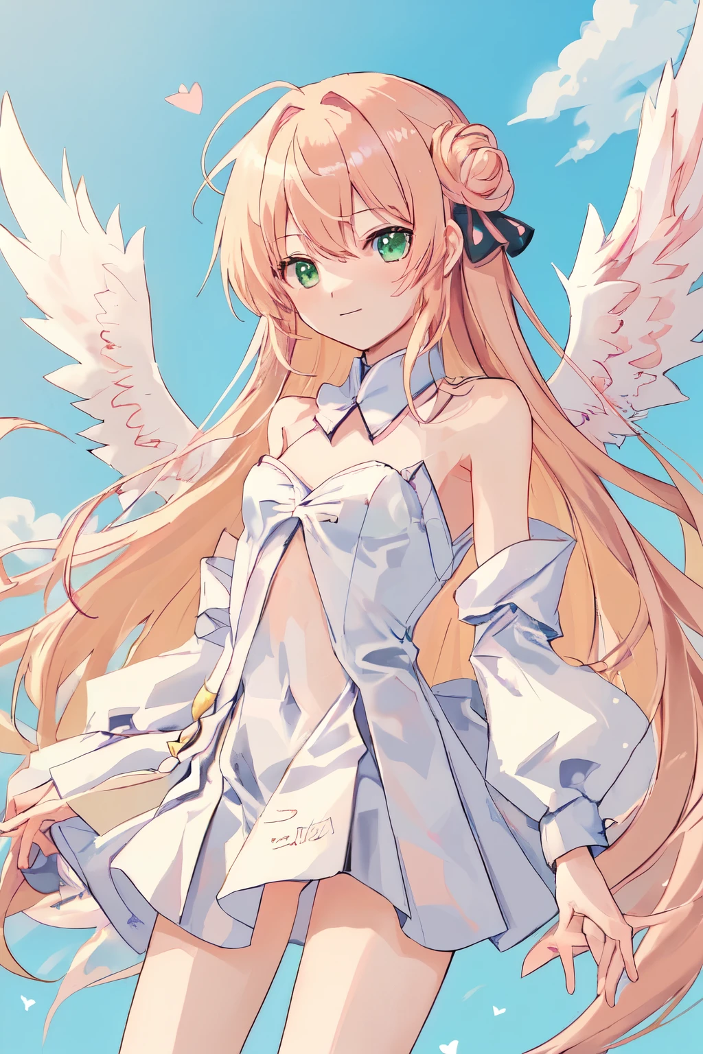 1_girl, (anime, kawai:1.6), (masterpeice, best_quality, clean:1.8), (sky_background:1.2), (cute, wholesome, young:1.8), (delicate, extremely_delicate, beautiful, thin:1.8), (girlfriend, angel:1.5), (green_eyes:1.8) (long_hair, blond_hair:1.6), (combat:1.2), (wearing_big_pink_dress, pink_angel_wings:1.4), (tease:1.2), (combat:1.6), extremely_delicate, (love_magic:1.4), (age_size_fits_body), (small_thighs:1.3), (breasts), (eye_level:1.3), (heart_magic, love:1.5), (warm:1.5), (folded_legs:1.5), (cheerful:2)