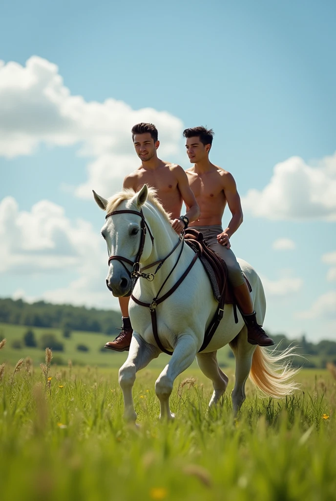 Two young handsome beautiful handsome beautiful face white skin soft skin skinny without shirt black short hair without shirt riding horse together on a single horse