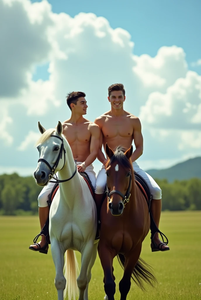 Two young handsome beautiful handsome beautiful face white skin soft skin skinny without shirt black short hair without shirt riding horse together on a single horse