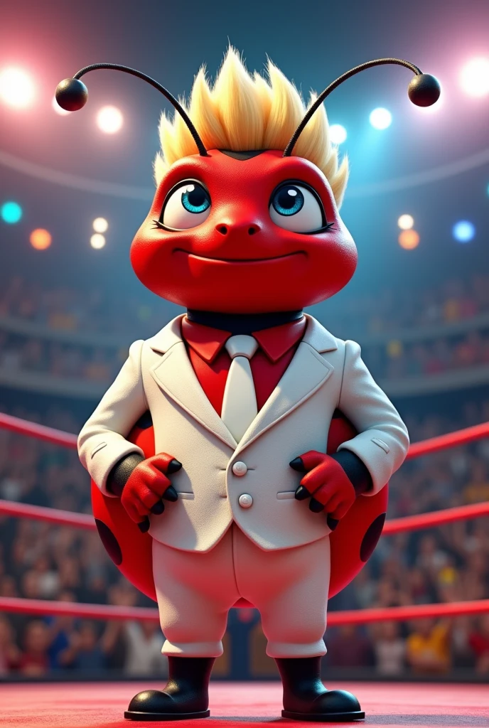Cartoon male lady bug insect head, hands, and body dressed like WWE wrestling manager Brother Love with blond hair, a red face, and wearing white suit with red shirt and white tie