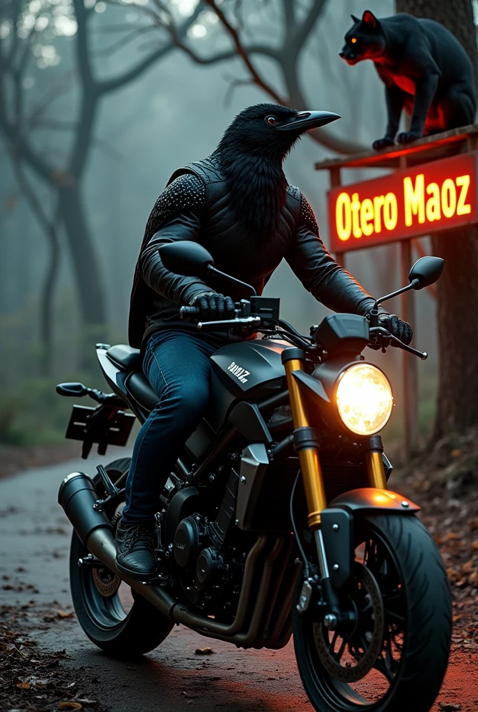 Northern Mockingbird, black color, riding a Yamaha FZ motorcycle, with a dark forest landscape, un puma black color en un árbol y un letrero en llamas  con el nombre: Otero Maoz. 