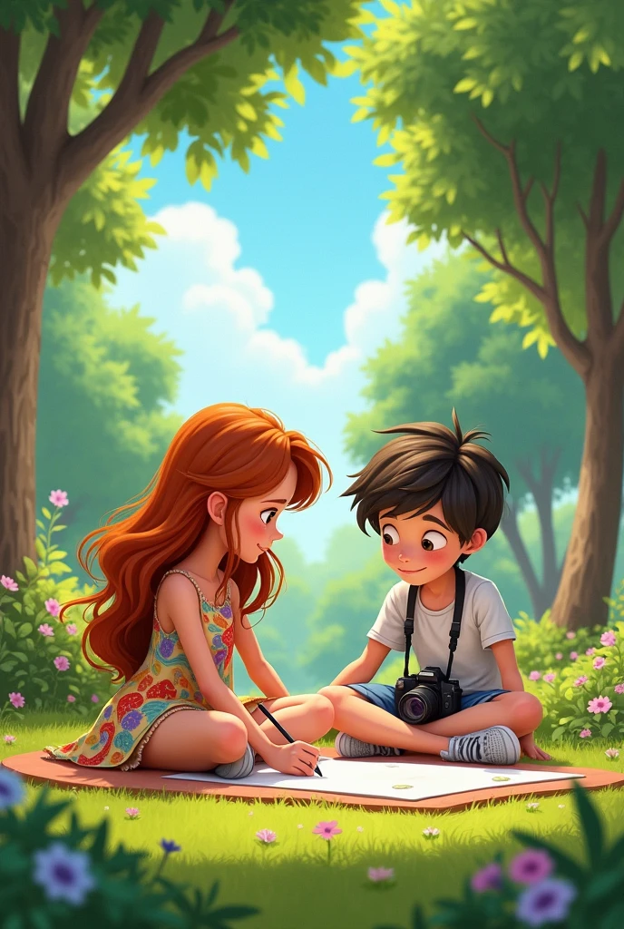 A girl doing pencil drawings with a photographer boy catoon image 

