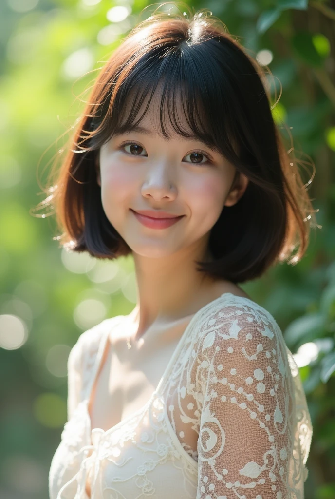  Highest quality, figure, Very detailed, In detail, High resolution, 8k wallpaper, Perfect dynamic composition, Beautiful attention to detail,  Face Focus,  Soft Light,Lace blouse ,Short Bob Hair,Natural color lip, ,smile,Outdoor、18-year-old girl、cute、looking at the camera