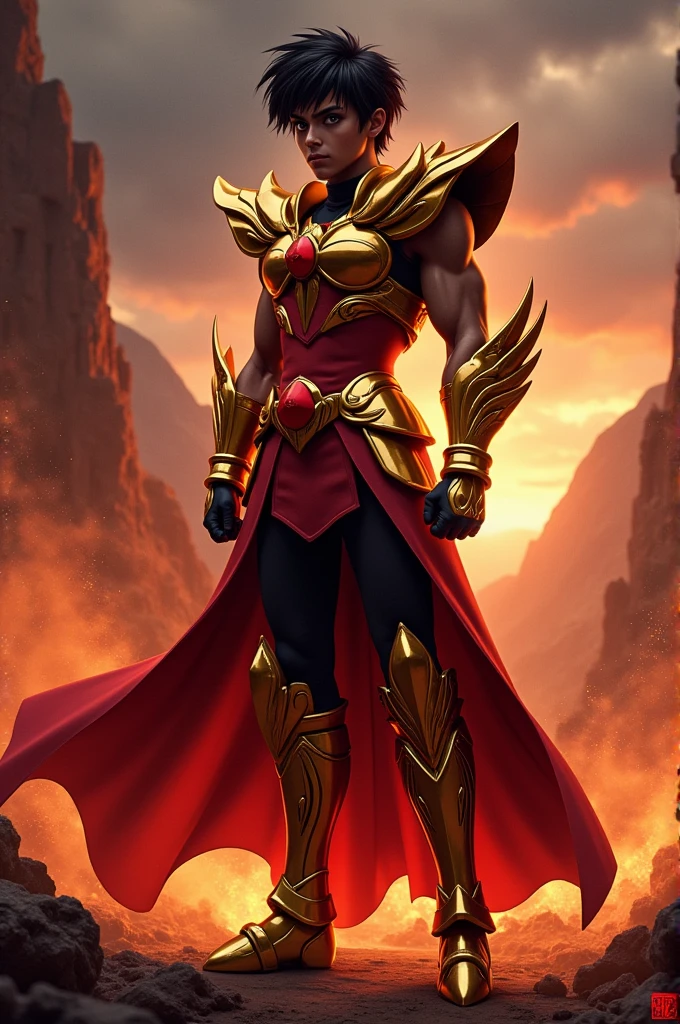 Create a black character, with short hair, using the Phoenix armor from the anime Saint Seiya, not anime style