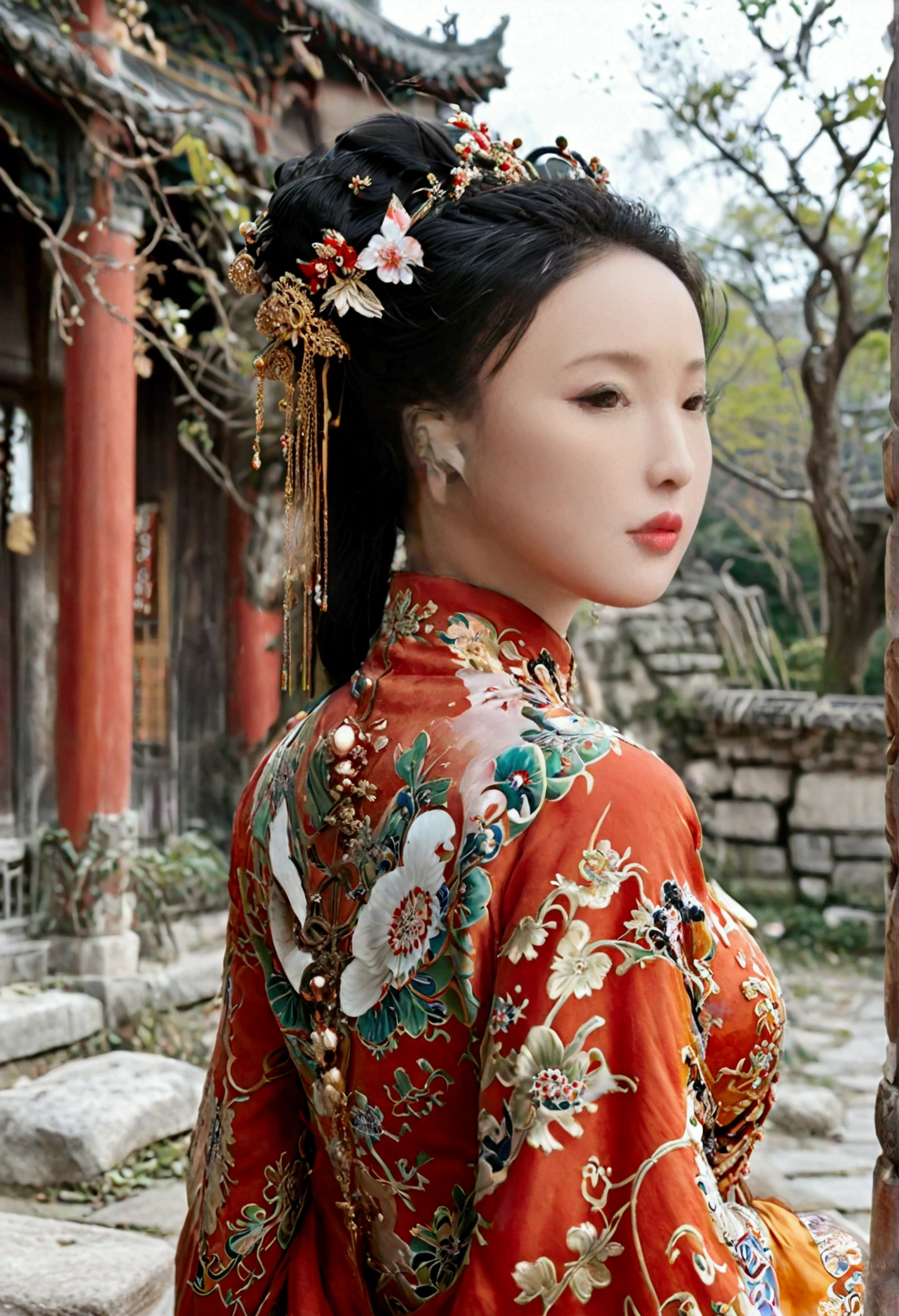 Qing dynasty empress naked and slightly busty, posing on all fours, buttocks protruding from profile, background outside Qing dynasty palace