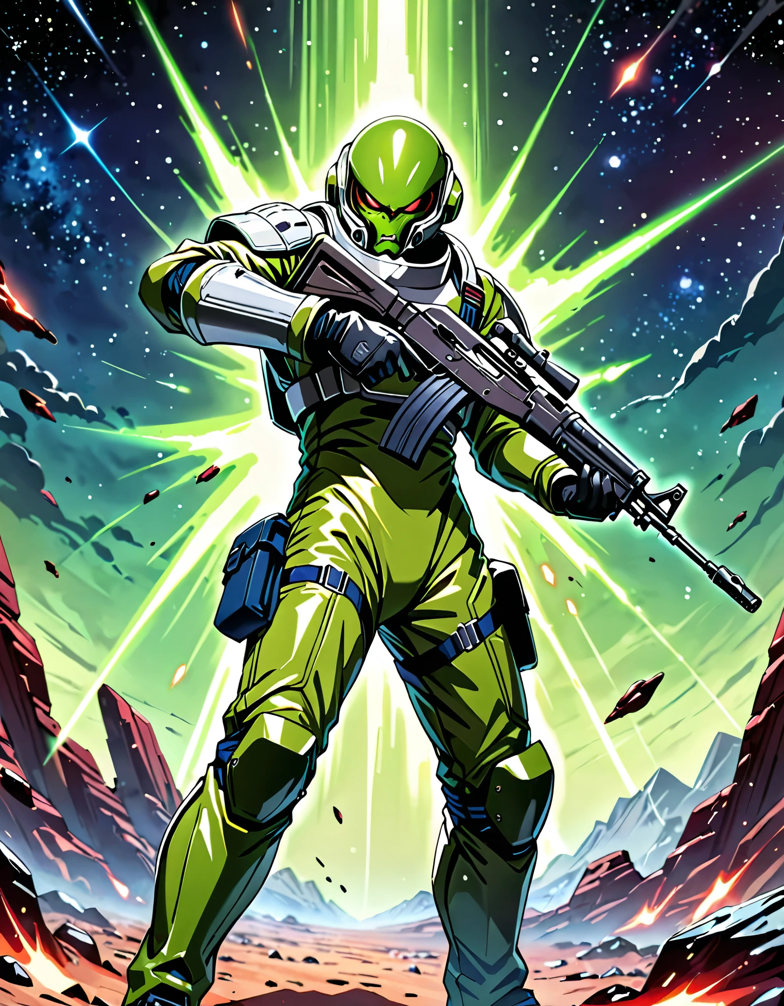 (masterpiece), (best quality), (hires), 1male, male focus, alien, extraterrestrial, (human face, angry, clenched teeth) ((green-skinned male)), solo, solo focus, An alien man in a dark blue military officer suit, spacesuit, helmet, holding a blaster rifle, ak-47, pouches, black combat boots, silver space armor, desolate moon background, warlike atmosphere, signaling to charge, dark red eyes, cowboy shot, black gloves, matching boots.