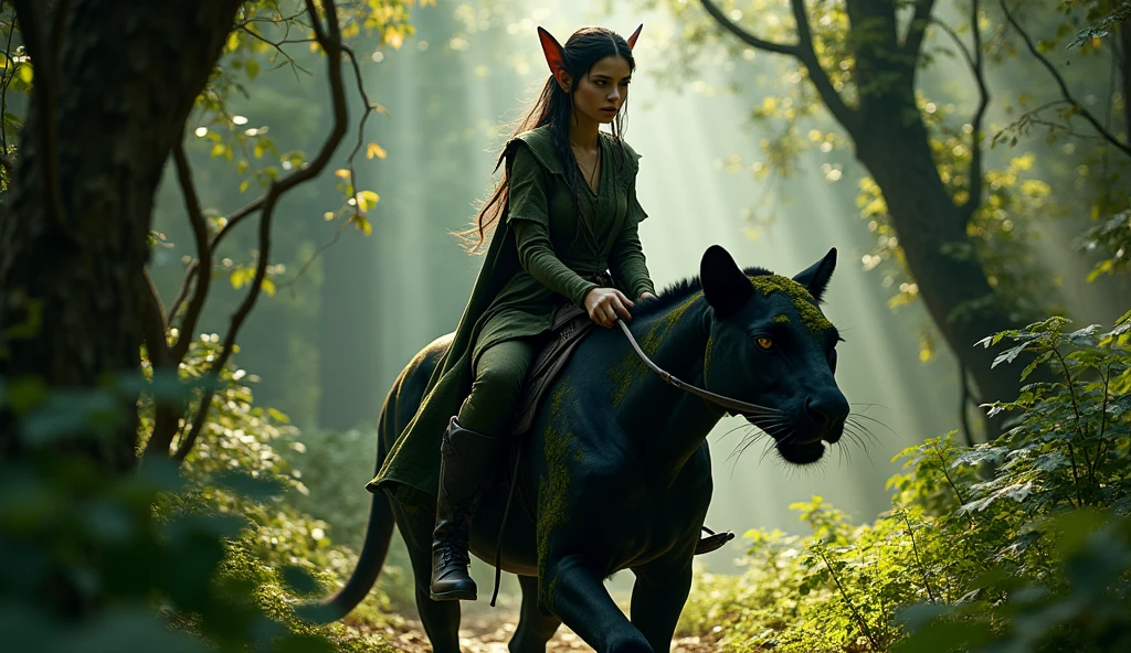 Elf woman riding Japanese black jaguar, 20s, moss growing on skin, disgusting, dirty