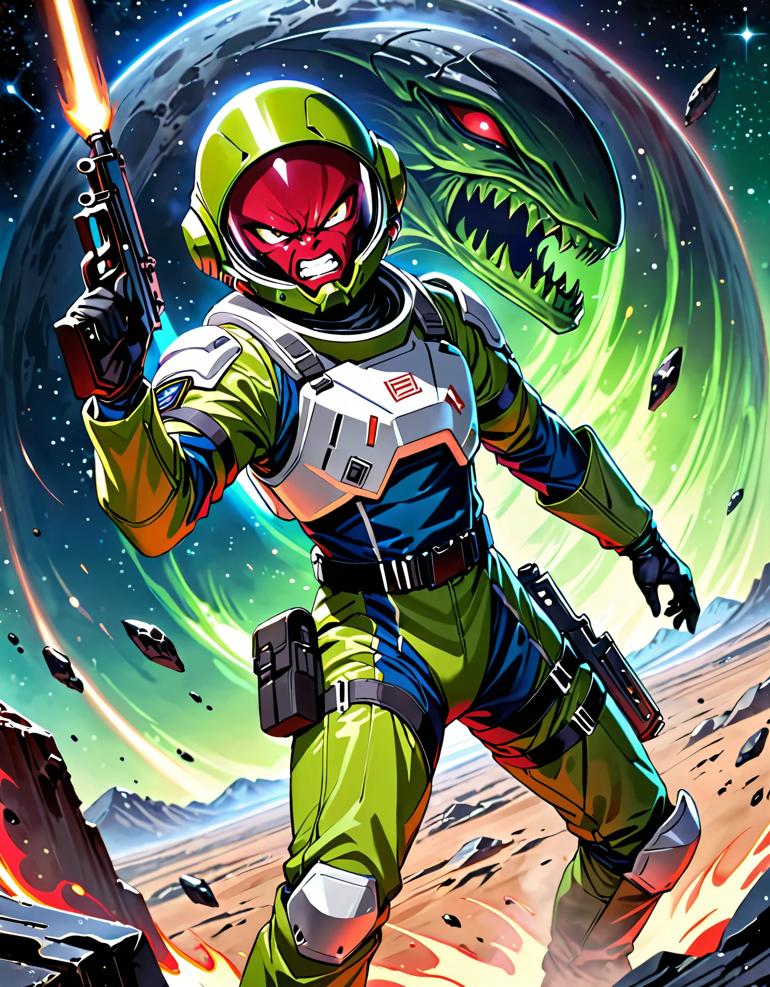 (masterpiece), (best quality), (hires), 1male, male focus, alien, extraterrestrial, (human face, angry, clenched teeth) ((green-skinned male)), solo, solo focus, An alien man in a dark blue military officer suit, spacesuit, helmet, holding a blaster rifle, ak-47, pouches, black combat boots, silver space armor, desolate moon background, warlike atmosphere, signaling to charge, dark red eyes, cowboy shot, black gloves, matching boots.