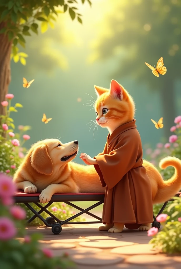 Pixar cat wearing monk robes applying reiki to a dog lying on a stretcher