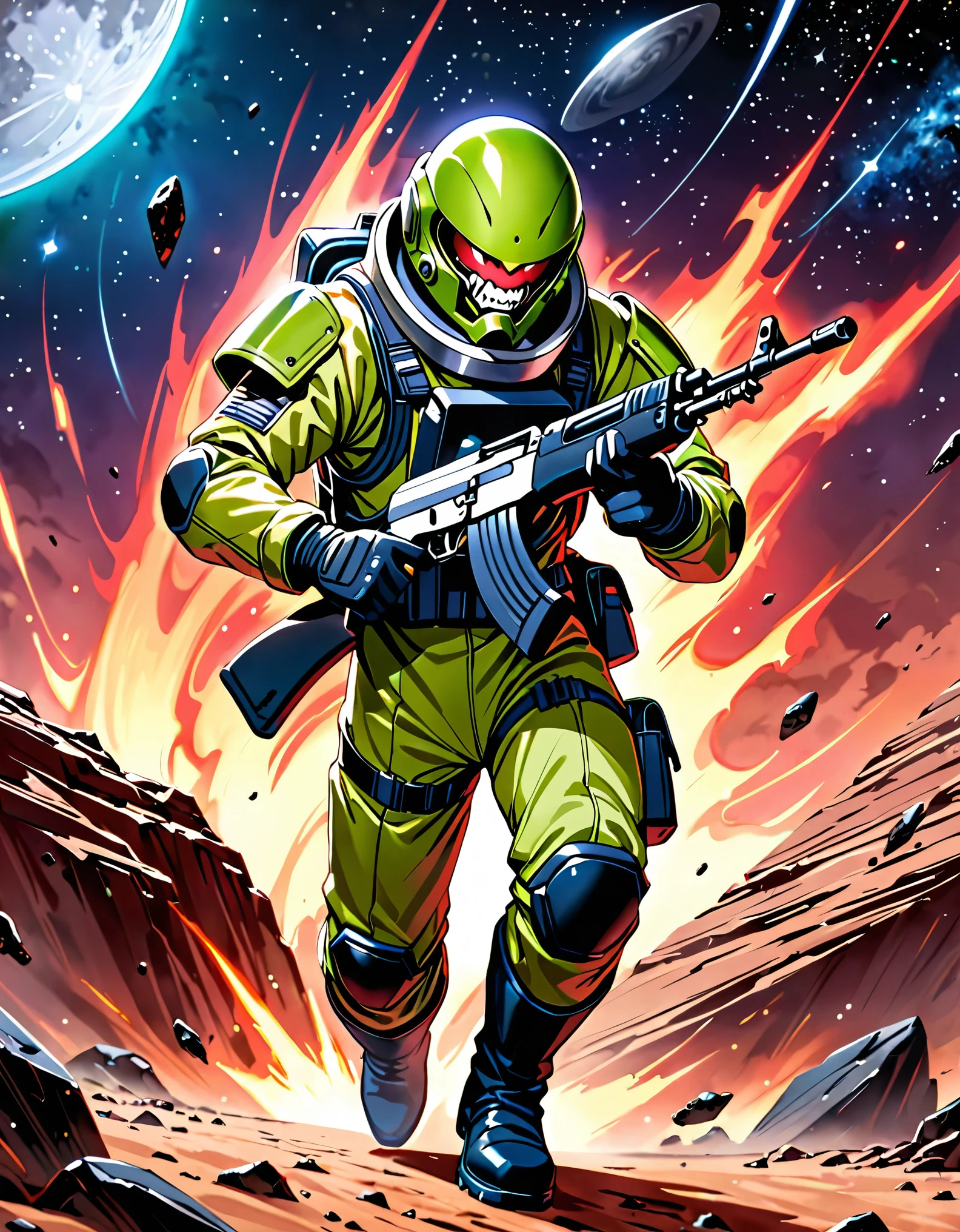 (masterpiece), (best quality), (hires), 1male, male focus, alien, extraterrestrial, (human face, angry, clenched teeth) ((green-skinned male)), solo, solo focus, An alien man in a dark blue military officer suit, spacesuit, helmet, holding a blaster rifle, ak-47, pouches, black combat boots, silver space armor, desolate moon background, warlike atmosphere, signaling to charge, dark red eyes, cowboy shot, black gloves, matching boots.